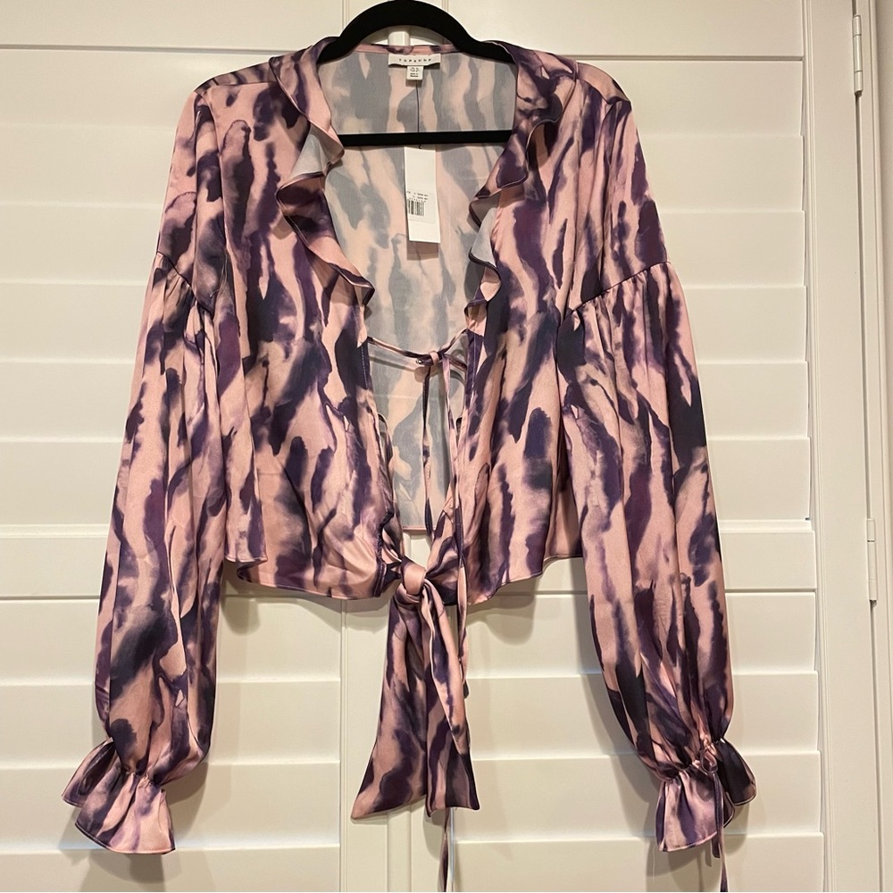 Top Shop Tie Front Tie Dye Long Sleeved Puffy Top Pink Purple Size 8